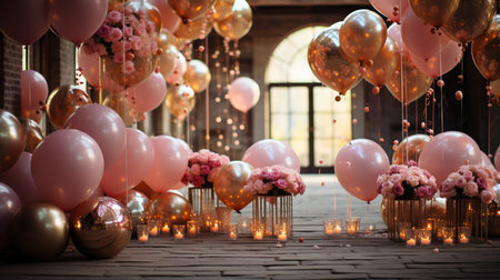 Wedding decoration with pink and white balloons in a row.の素材