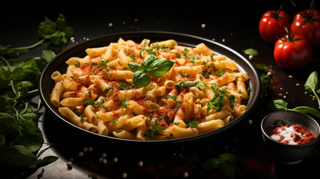 Pasta with cheese, tomato sauce and herbs on a black backgroundの素材