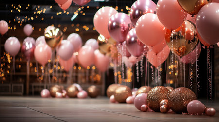 Pink and golden balloons on the floor with bokeh lights backgroundの素材