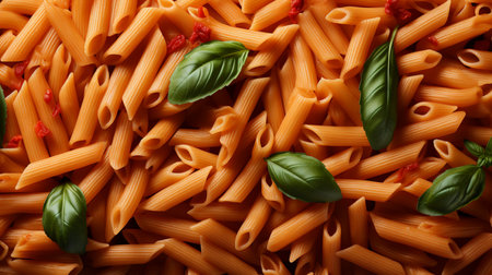 Tasty penne pasta with basil leaves as background, top viewの素材