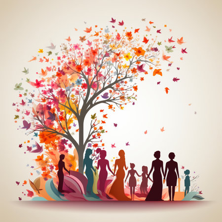 Beautiful autumn tree with silhouettes of women. Vector illustration.の素材