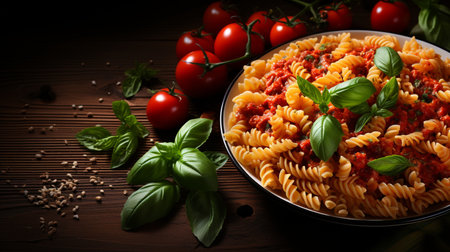 Spaghetti bolognese with basil and tomatoes on wooden tableの素材