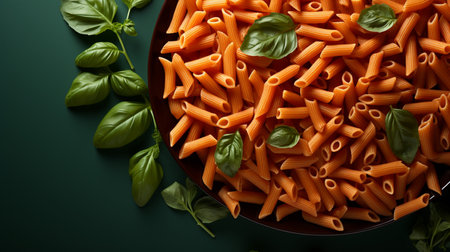 Wholemeal Pasta Penne with Basil Leaves on Black Backgroundの素材