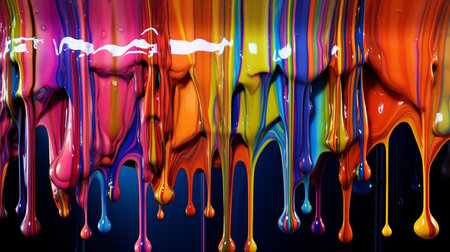 Colorful paint dripping on black background. 3d rendering, 3d illustration.の素材