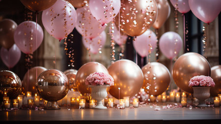 Beautiful wedding cake with pink flowers and golden balloons on the tableの素材