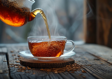 Cup of tea with a teapot on a wooden backgroundの素材