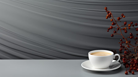 Cup of coffee on the table with black curtain background. 3d illustrationの素材