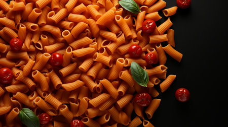 Pasta with tomatoes and basil on a black background, top viewの素材