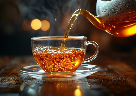 Cup of tea with teapot on wooden table, closeupの素材