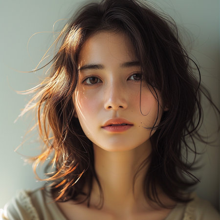 portrait of a beautiful young asian woman with long brown hairの素材