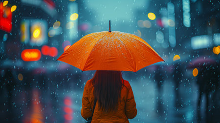 Woman with an umbrella in the rain on the street of the cityの素材