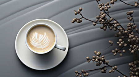 Cup of coffee with milk and flower on grey background. 3d illustrationの素材