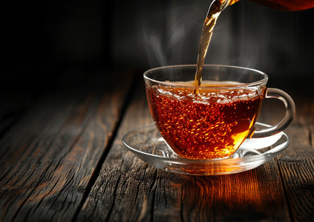 Pouring hot tea into cup on wooden table. Shallow depth of fieldの素材