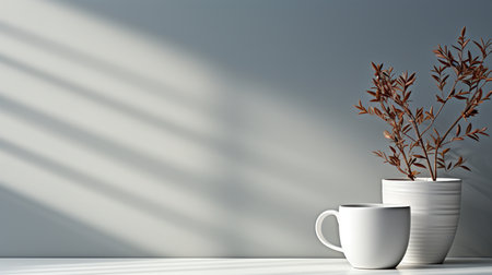 Cup of coffee and plant on white table. 3D renderingの素材