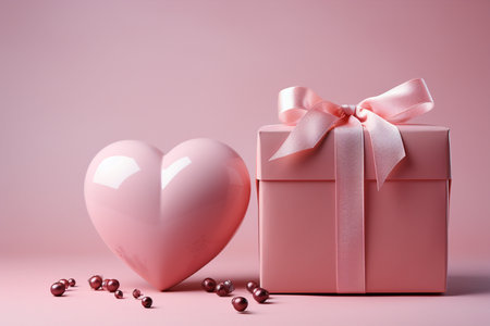 Two pink gift boxes with pink ribbon and heart on pink background.の素材