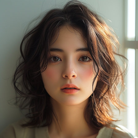 portrait of a beautiful young asian woman with long brown hairの素材