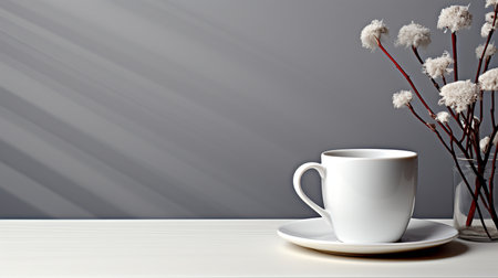 White cup of coffee on a white wooden table with dried flowers.の素材