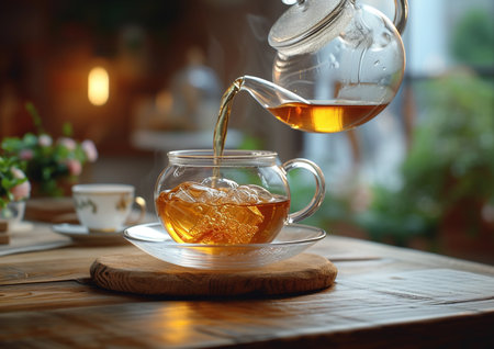 Cup of tea with teapot on wooden table in cafeの素材