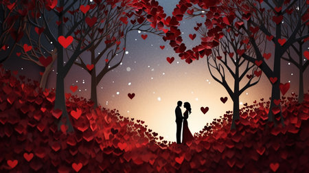Valentine's day background with couple and red hearts. Vector illustration.の素材