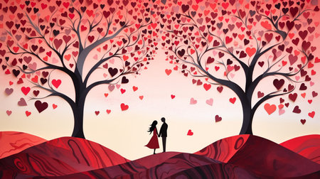 Valentines day background with love tree and couple. Vector illustration.の素材