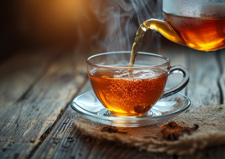 Cup of tea with smoke on old wooden table, selective focusの素材