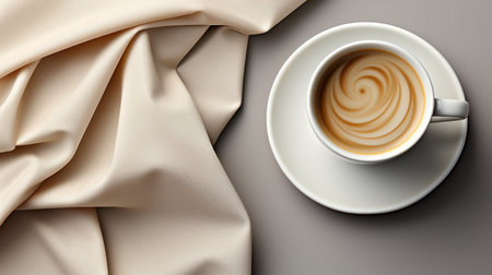 Cup of coffee with beige cloth on table, top viewの素材