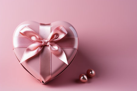 Pink heart shaped gift box with pink ribbon on a pink background.の素材