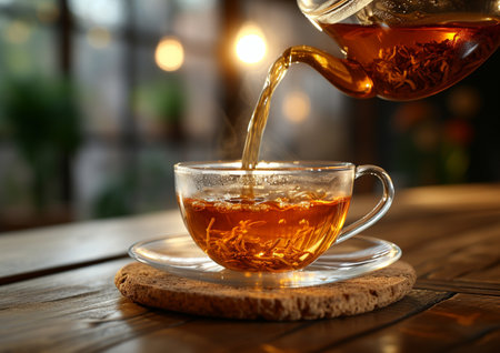 Pouring tea into cup on wooden table in cafe. Closeupの素材