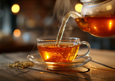 Cup of tea on a wooden table in a cafe, close-upの素材