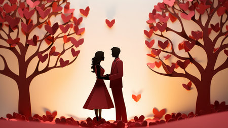 Couple in love against valentines day background with red heartsの素材