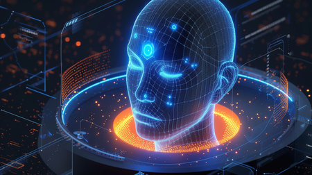 3d rendering cyborg head hologram with HUD elements on blue backgroundの素材