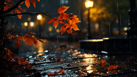 Autumn rain in the city. Fallen leaves on the sidewalk.の素材