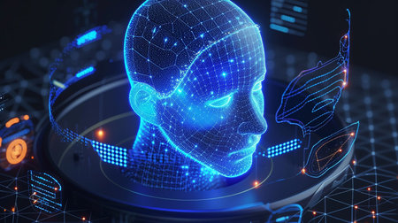 Digital cyborg head hologram on dark blue background 3D renderingの素材