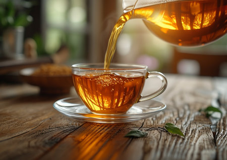 Pouring tea from teapot into cup on table in cafeの素材