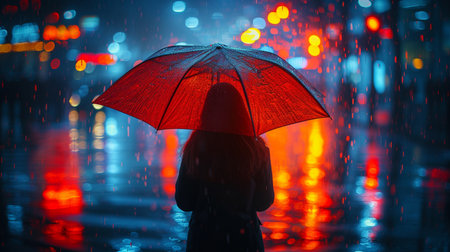 Woman with umbrella in the rain at night. Rainy weather.の素材
