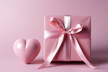 Gift box with pink ribbon and heart on a pink background.の素材