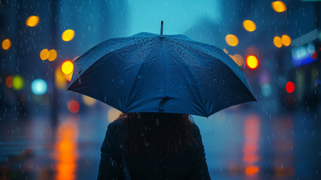 Young woman with umbrella in the rain at night. Rainy dayの素材