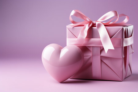 Pink gift box with pink ribbon and pink heart on purple background.の素材