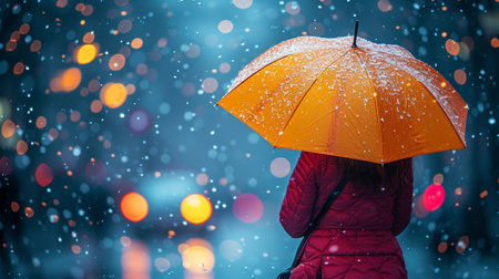 Young woman with umbrella in winter. Rainy day. Blurred background.の素材