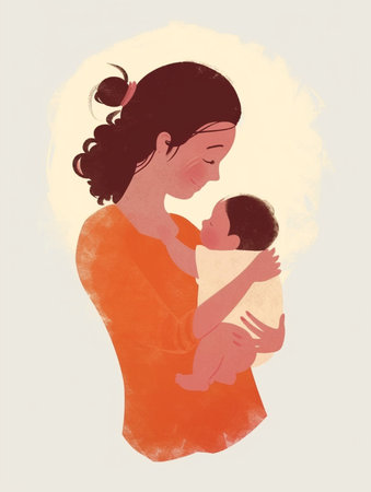 Mother holding a newborn baby in her arms. Vector illustration of motherhood.の素材