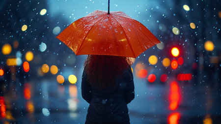 Young woman with red umbrella in rain. Rainy day in the city.の素材