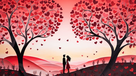 Valentine's day background with love tree and couple silhouettesの素材