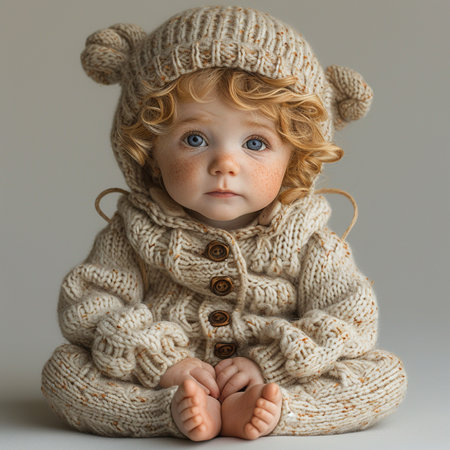 Cute baby boy in a knitted hat and sweater, studio shotの素材
