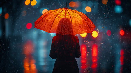 Woman with an umbrella in the rain. Bokeh background.の素材