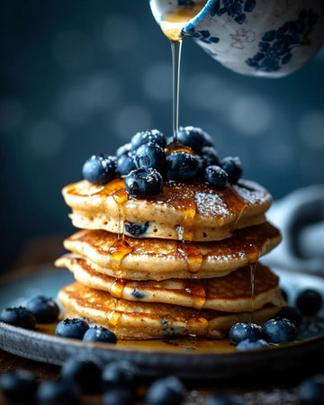 Pancakes with blueberries and maple syrup on a dark backgroundの素材