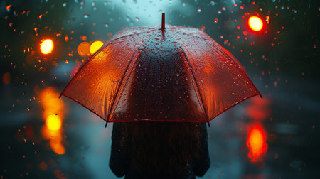 Young man with an umbrella in the rain on a rainy day.の素材