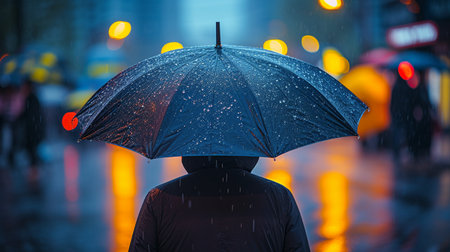Man with umbrella in the rain. Shallow depth of field.の素材