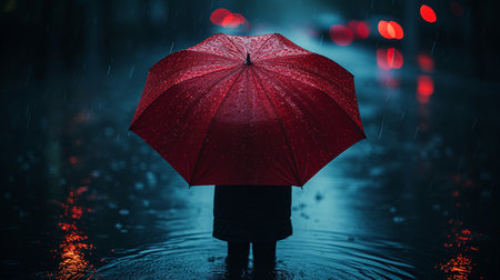 Woman with red umbrella in rain at night. Rainy weather conceptの素材