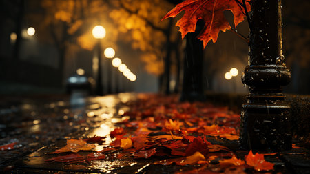 Autumn park at night with fallen maple leaves. Selective focus.の素材