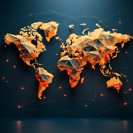 Abstract polygonal world map with connecting dots and lines. Futuristic technology style. Vector illustration.の素材